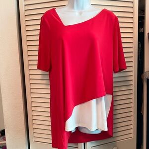 Nina Leonard Soft Red and White Asymmetrical Blouse